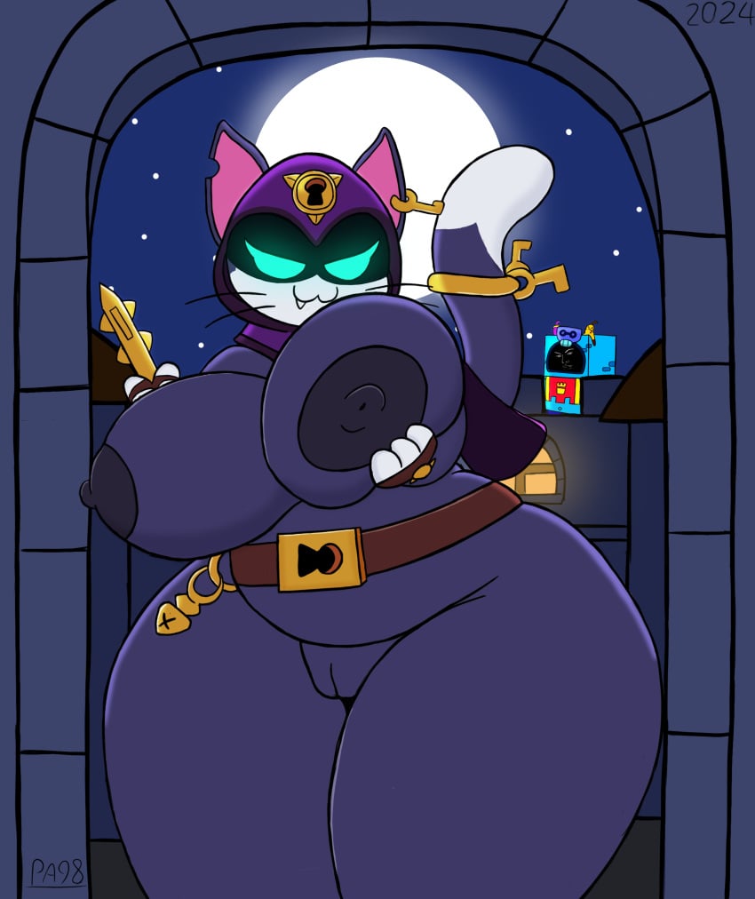 absurd_res anthro areola ash_(brawl_stars) belt big_breasts brawl_stars breasts castle domestic_cat felid feline felis female fur glowing glowing_eyes hi_res kit_(brawl_stars) lockpick_kit_(brawl_stars) mammal night nipples paladyart98 purple_body purple_fur purple_nipples rule_63 sky solo star supercell_(company)