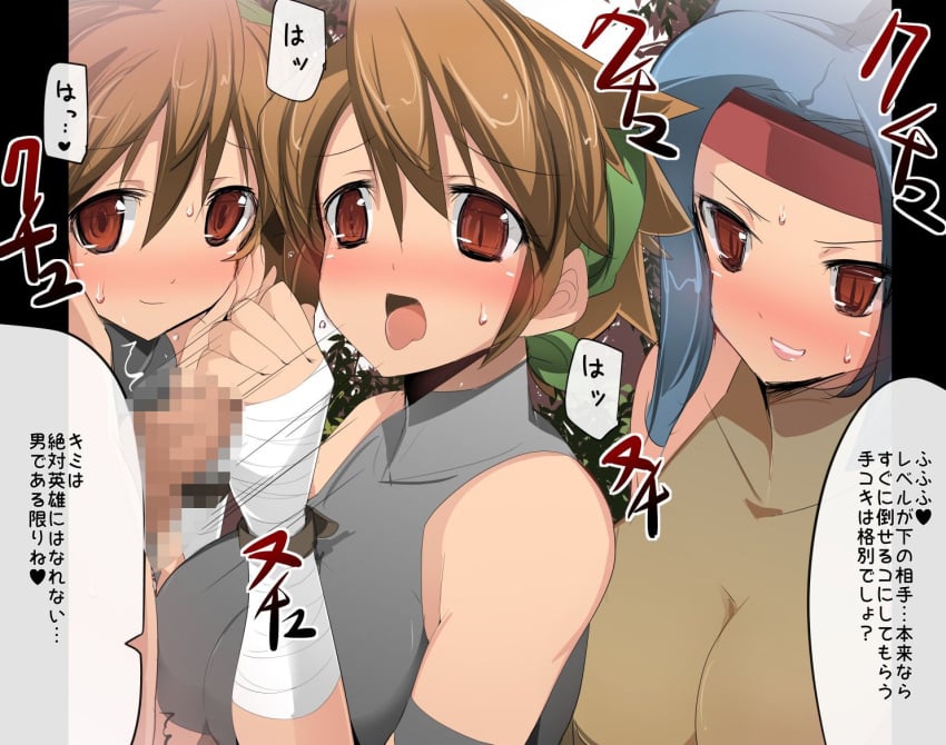 1boy 3girls bandit_(tales_of_destiny_2) blue_hair blush breasts brown_eyes brown_hair censored cleavage closed_mouth commentary_request green_hairband grey_sports_bra grin hair_between_eyes hairband handjob headband large_breasts looking_at_penis mosaic_censoring multiple_girls name_john open_mouth penis pillarboxed red_eyes red_headband rogue_(tales_of_destiny_2) see-through_cleavage see-through_clothes short_hair smile sports_bra tales_of_(series) tales_of_destiny_2 tongue tongue_out translation_request upper_body