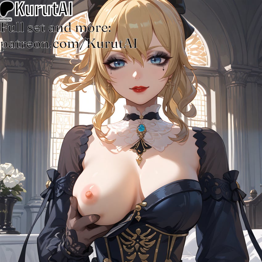 1girls ai_generated artist_name artist_signature black_bow blonde_hair blue_eyes bow breasts earrings genshin_impact grabbing hair_between_eyes hi_res high_resolution highres indoors jean_gunnhildr jewelry kurutai long_hair looking_at_viewer medium_breasts nipples one_breast_out patreon solo uncensored upper_body