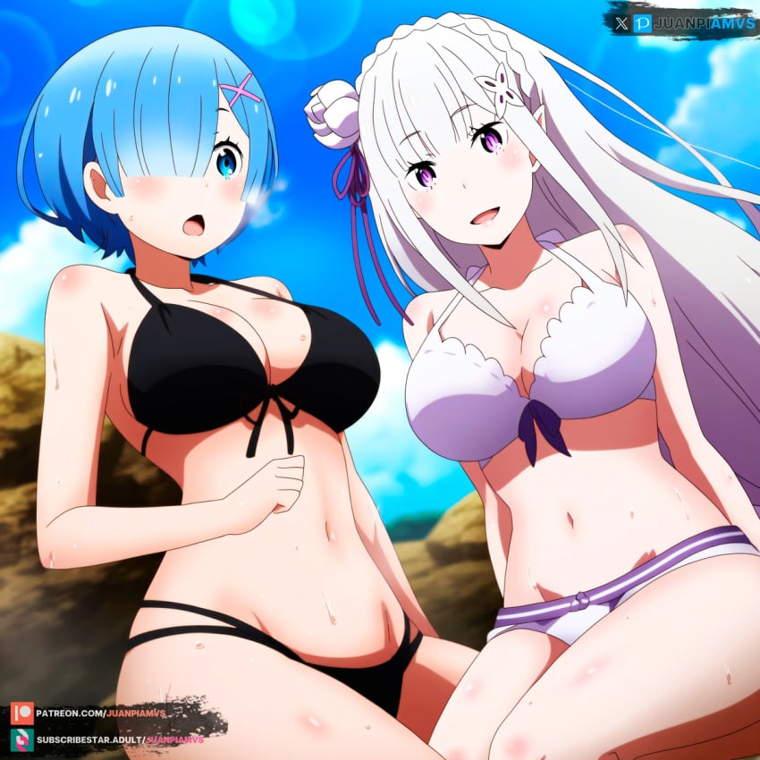 2girls ai_generated beach big_breasts bikini black_bikini blue_eyes blue_hair clouds curvy curvy_figure emilia_(re:zero) hair_ornament juanpiamvs long_hair open_mouth patreon patreon_username purple_eyes re:zero_kara_hajimeru_isekai_seikatsu rem_(re:zero) short_hair silver_hair sitting sky smiling standing subscribestar subscribestar_username watermark white_bikini