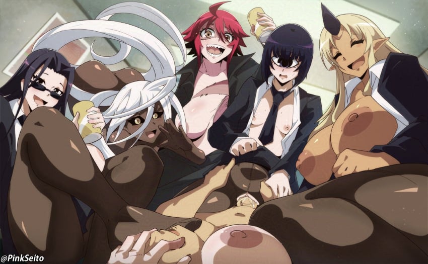 1boy 5girls absurdly_long_hair ahoge black_hair black_pantyhose black_sclera blonde_hair breasts colored_sclera cowgirl_position cowgirl_position cyclops dark-skinned_female dark_skin doppel_(monster_musume) formal_clothes green_eyes hair_censor heterochromia highres horns huge_breasts large_breasts long_hair manako monster_girl monster_musume_no_iru_nichijou ms._smith multiple_girls necktie nipples ogre one-eyed oni orphen_(pink_seito) pantyhose patchwork_skin pointy_ears red_hair short_hair single_horn skirt skirt_suit stitches straddling suit sunglasses tall tionishia torn_clothes torn_pantyhose vaginal_penetration very_long_hair white_hair yellow_eyes zombie zombina_(monster_musume)