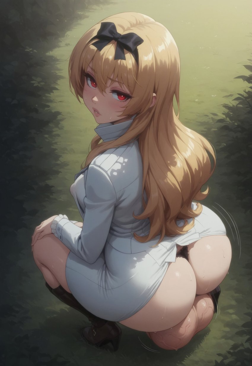 ai_generated arifureta_shokugyou_de_sekai_saikyou ballsack blonde_hair bottom_heavy bow_ribbon bubble_butt civitai clothed clothed_futanari cute cute_face futa_only futanari grass hands_on_knees high-angle_view highres huge_balls large_ass large_balls large_butt large_testicles looking_at_viewer looking_back motion_lines panties phat_ass red_eyes squatting sweat sweaty thick_ass twerking vampire vampire_girl veiny_balls veiny_testicles wide_hips yue_(arifureta)