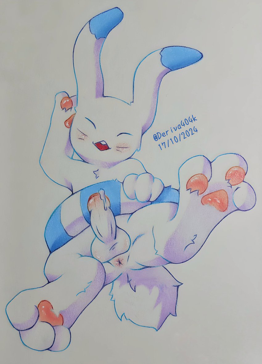 2024 2024_pokemon_teraleak anthro ass balls beta_pokemon_games blue_hair bunny_tail closed_eyes dick feet feral fur genitals happy inner_tube leporid male nude paws pokemon pokemon_(species) pokephilia solo traditional_media_(artwork) viewer warabbit white_background white_hair