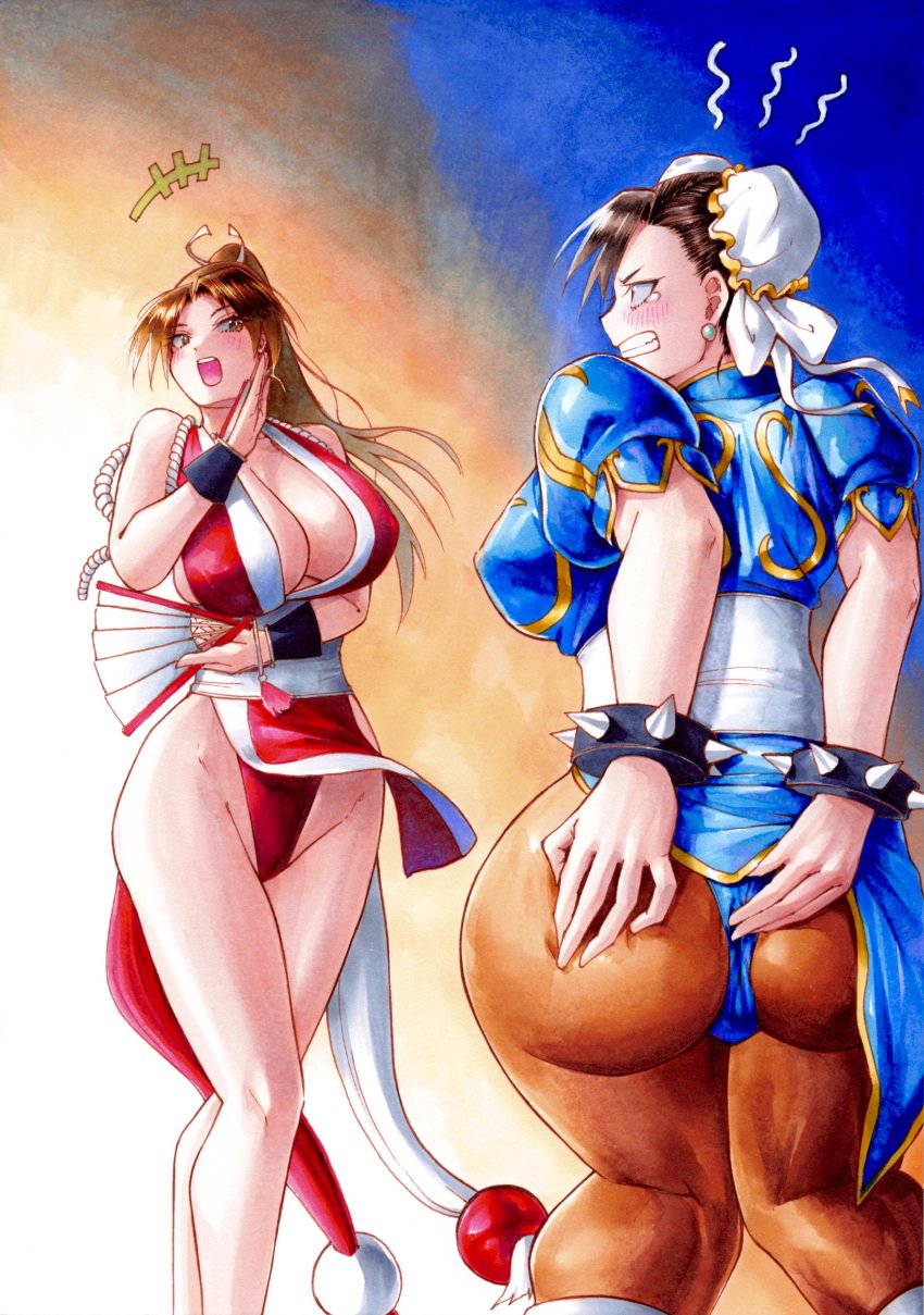 2girls absurdres annoyed ass breasts brown_eyes brown_hair bun_cover capcom capcom_vs_snk catfight chun-li cleavage crossover death_battle double_bun dress embarrassed fatal_fury fatal_fury:_city_of_the_wolves female_focus hair_bun highres implied_anal implied_sex implied_strap-on king_of_fighters large_breasts laughing long_hair mai_shiranui matching_hair/eyes mocking multiple_girls pelvic_curtain qipao revealing_clothes snk spanking street_fighter street_fighter_6 thick_ass voluptuous yuri