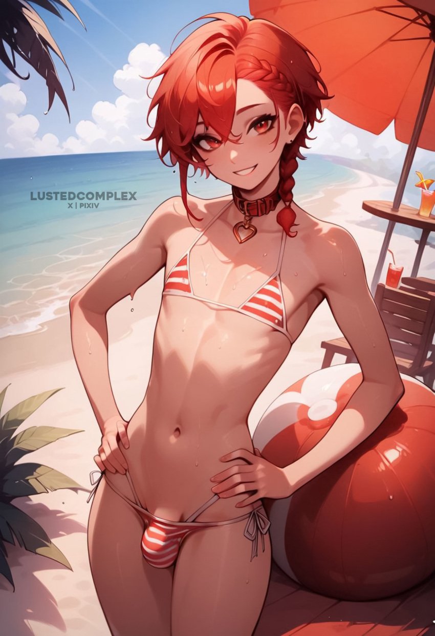 1boy ai_generated alexander_(fate/grand_order) beach bikini bulge collar fate_(series) femboy feminine_male hands_on_hips lustedcomplex male male_only navel outdoors outside red_eyes red_hair seaside sky smile solo solo_male swimwear trap