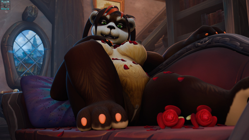 16:9 anthro bear big_breasts blizzard_entertainment breasts brown_body digital_media_(artwork) female flower fur genitals hair hi_res looking_at_viewer mammal multicolored_body multicolored_fur nipples nude pandaren plant pussy rose_(flower) smile solo sora-ken_(toxik_enzis) text toxik_enzis two_tone_body two_tone_fur warcraft white_body white_fur widescreen