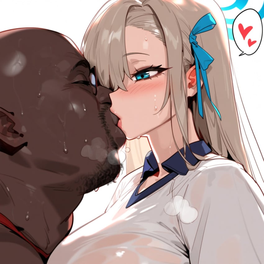 1boy 1girls ai_generated asuna_(blue_archive) blonde_female blonde_hair blue_eyes blush dark-skinned_male fat_man hair_over_one_eye halo heart heart_symbol huge_breasts kissing long_hair old_man older_man_and_teenage_girl ribbon sportswear sweat sweating sweaty_clothes ugly_bastard