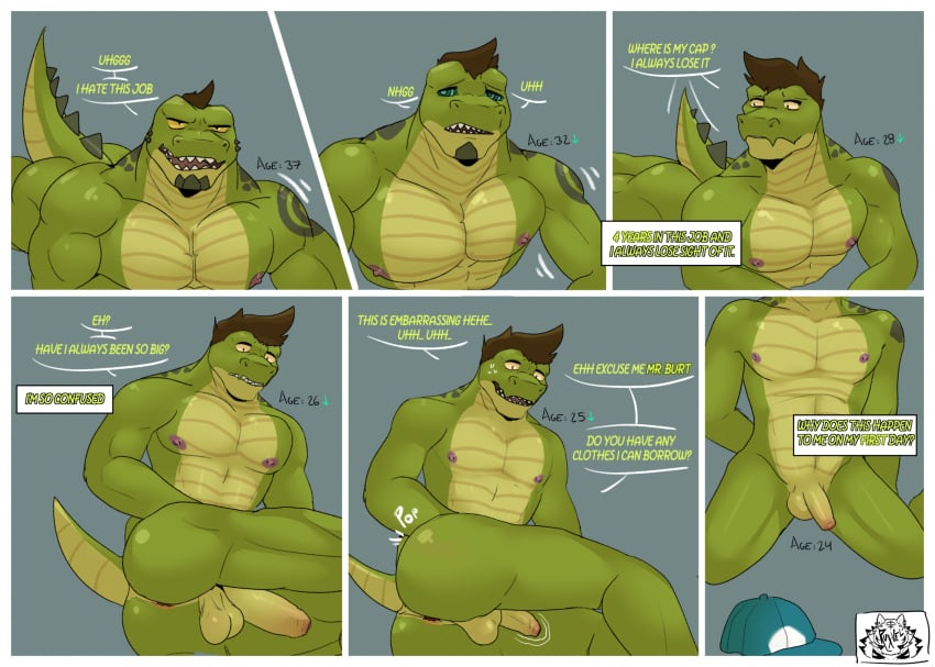 age_regression anthro comic crocodilian genitals growth hair hair_growth hi_res male muscle_loss muscular muscular_male nipples nude penis penis_shrinking reptile ruxvel scalie shrinking size_transformation solo transformation