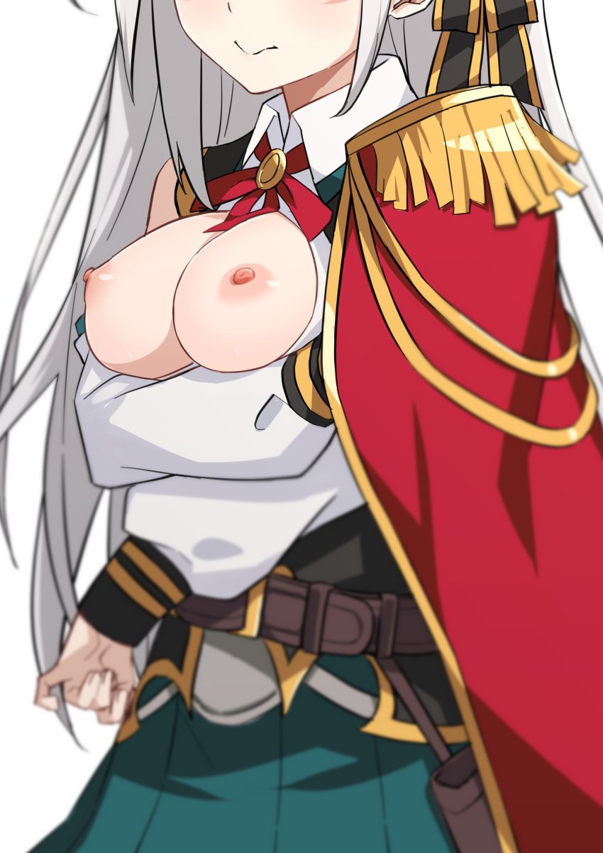 arms_under_breasts blush breasts_out character_request copyright_request eyes_out_of_frame female_focus female_only large_breasts long_hair morisobo open_clothes simple_background white_background white_hair