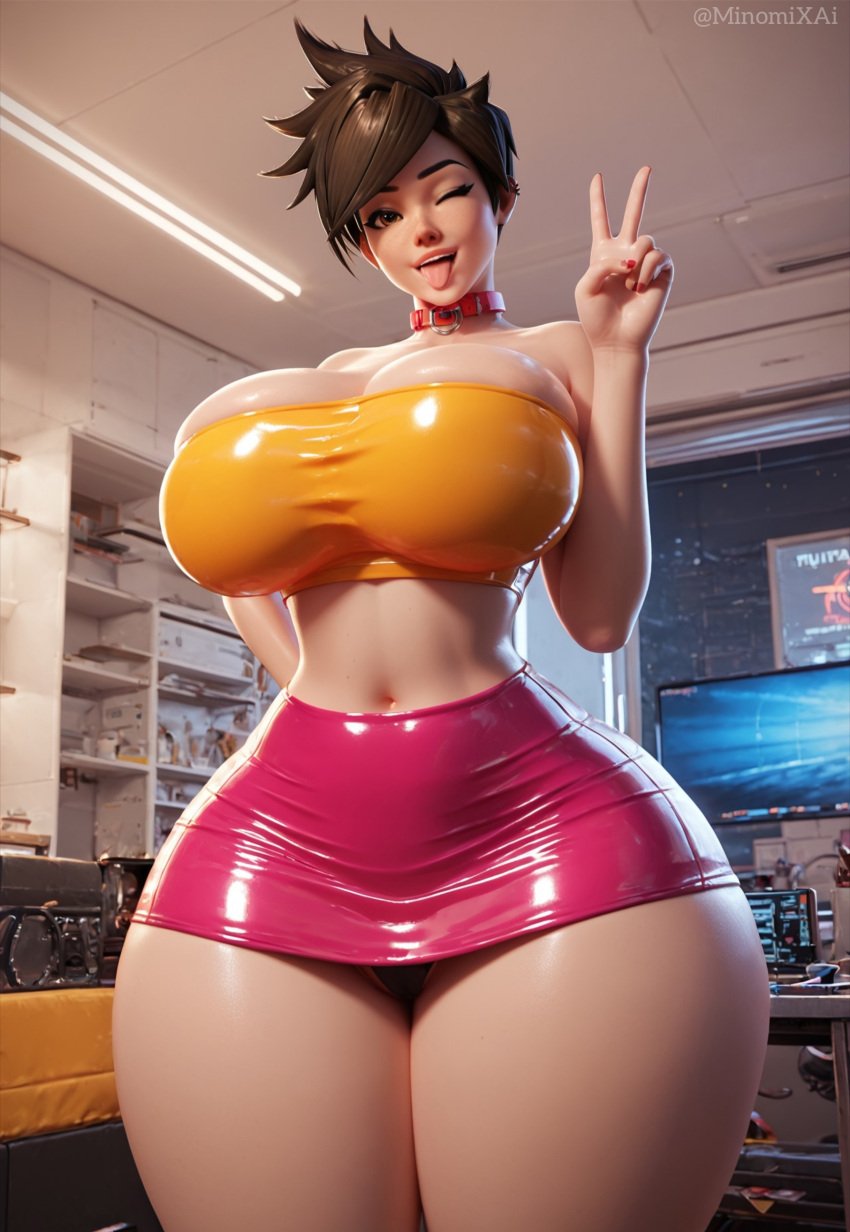 1girls ai_generated bare_shoulders bimbo breasts brown_eyes brown_hair cleavage clothed clothed_female collar curvy curvy_figure earrings happy huge_breasts huge_thighs jewelry large_breasts latex lena_oxton lips lipstick makeup miniskirt minomixai nail_polish one_eye_closed overwatch peace_sign piercing shiny_clothes shiny_skin short_hair skin_tight skirt solo solo_focus thick_lips thick_thighs thighs tight_clothing tongue_out tracer tube_top tubetop voluptuous voluptuous_female wide_hips wink winking_at_viewer