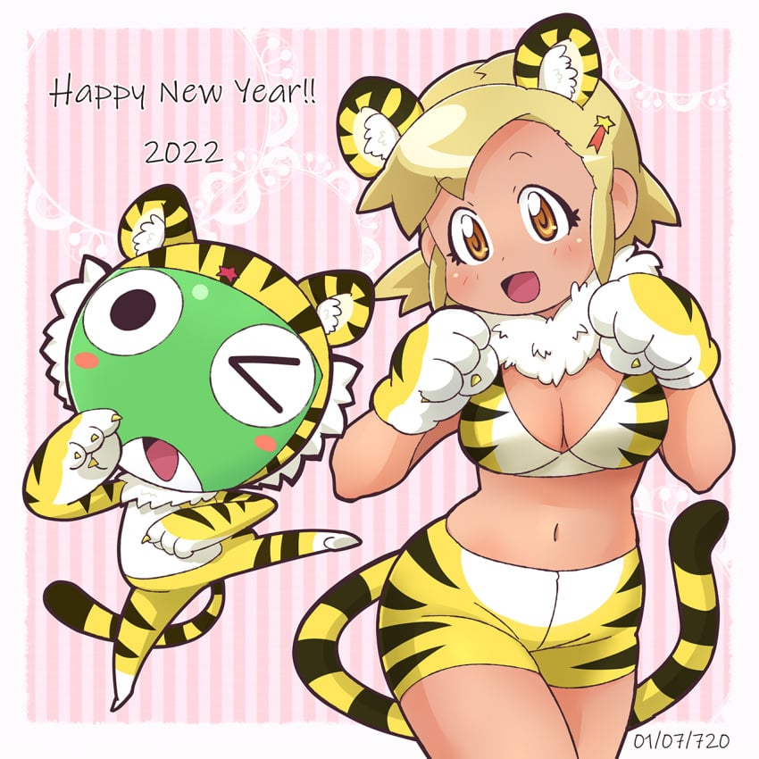 1boy angol_mois blonde_hair breasts female gyaru hair_ornament hairband hairclip hakkatou highres keroro keroro_gunsou one_eye_closed tiger