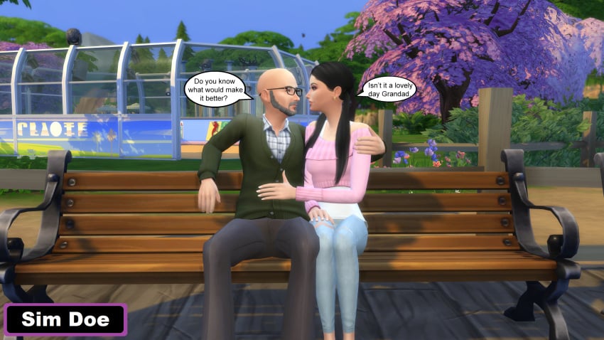 1boy 3d age_difference black_hair caption captions couple couple_(romantic) cute cute_face davion_cross(sim_doe) dianna_cross(sim_doe) english english_text female grandfather_and_granddaughter grey_hair old_man original_characters petite petite_female sim_doe sims sims4 sims_4 speech_bubble the_sims the_sims_4 younger_female