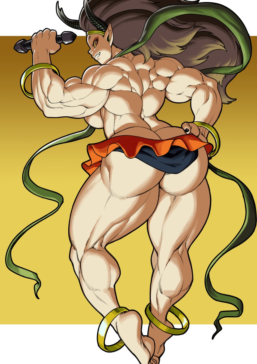 ass female goddess horns large_ass large_breasts looking_at_viewer looking_back muramasa_the_demon_blade muscular muscular_female pointy_ears raijin_(muramasa) vanillaware yellow_eyes