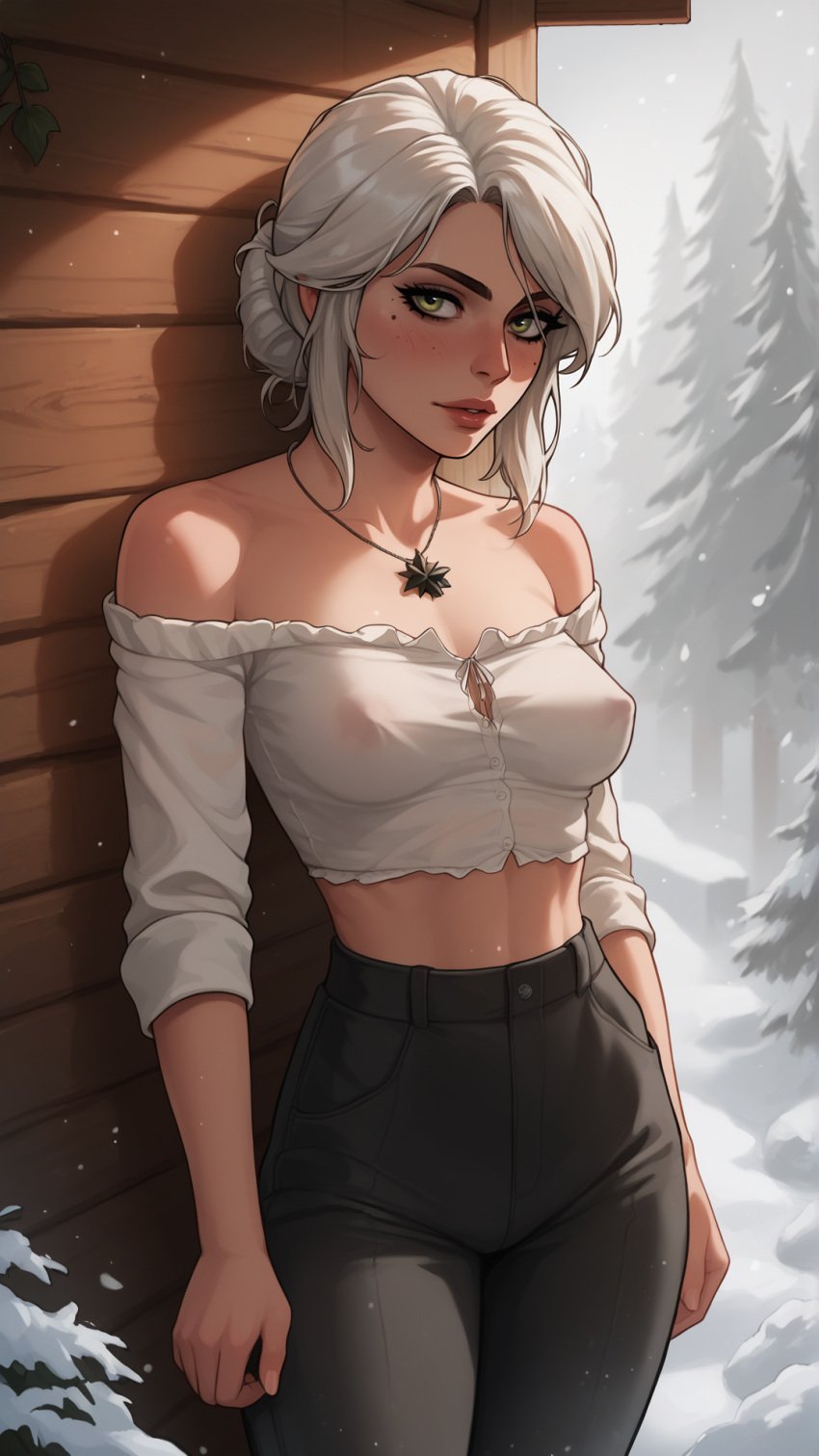 ai_generated ciri clothing collar female green_eyes light-skinned_female looking_at_viewer mascara nipples_visible_through_clothing outdoors solo tatarchuck the_witcher_(series) the_witcher_3:_wild_hunt white_hair