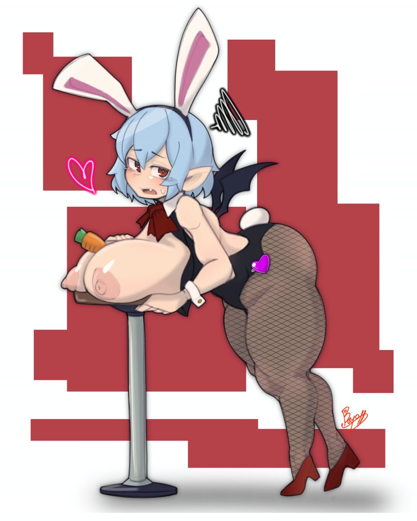 1girls alternate_breast_size annoyed bat_wings blue_hair bunny_ears bunnysuit carrot doctor5648 embarrassed exposed_breasts female fishnets headwear high_heels huge_breasts pointy_ears red_eyes remilia_scarlet side_view solo thick_thighs touhou vampire wings