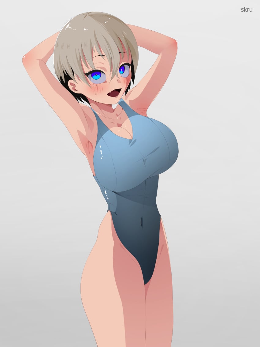 1girls anime anime_style big_eyes blonde_hair blue_eyes curvy_figure digital_art female happy short_hair skru soft_shading swimsuit uzaki-chan_wa_asobitai! uzaki_hana white_hair