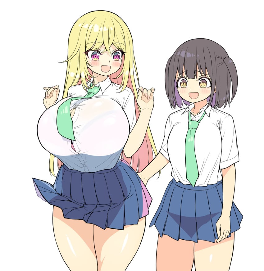 2girls bare_thighs big_breasts blonde_hair blue_skirt blush brown_eyes brown_hair button_gap buttoned_shirt colored_inner_hair cyan_clothing female female_only green_necktie huge_breasts human inner_hair lifted_by_another light-skinned_female light_skin long_hair mari_kiyama_(shuz) necktie pink_eyes pleated_skirt saeko_sasaki_(shuz) school_uniform schoolgirl_uniform short_hair short_sleeves shuz_(dodidu) size_difference skirt_lift small_breasts sweatdrop thick_thighs white_shirt wide_hips yellow_eyes