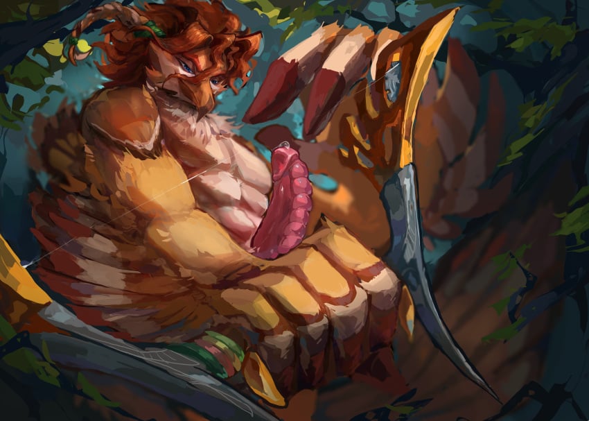 abs absurd_res anthro avian beak bird blue_eyes bodily_fluids bow_(weapon) breath_of_the_wild erection fan_character feather_hands feathered_wings feathers genital_fluids hi_res loudorangegatto male muscular muscular_anthro muscular_male nintendo nude orange_body orange_feathers outside plant precum ranged_weapon rito solo the_legend_of_zelda tree weapon winged_arms wings