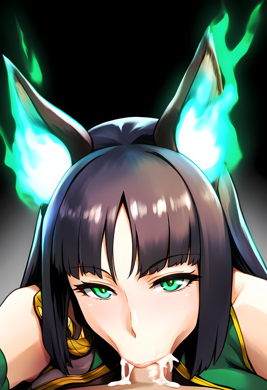 :>= absurd_res ai_generated another_eden black_hair blowjob close-up cum cum_in_mouth deepthroat fellatio fox_ears fox_girl green_eyes hetero hozuki_(another_eden) nai_diffusion naughty_face penis pov sex straight-on