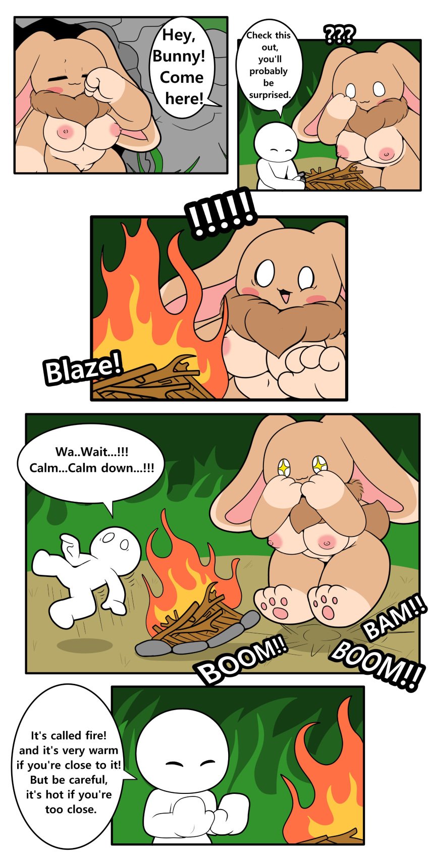 2024 3_toes 4_fingers :3 absurd_res anthro bam_(sound) big_breasts big_ears blush blush_stickers breasts brown_body brown_ears brown_fur brown_tail campfire cave closed_eyes comic dialogue digital_media_(artwork) duo english_text excited exclamation_point feet female female_anthro fingers fire forest fur genitals gloves_(marking) hand_on_face happy hi_res holding_lighter holding_object human jumping lagomorph larger_anthro larger_female leg_markings leporid lighter looking_at_fire male male_human mammal markings motion_lines multicolored_body multicolored_ears multicolored_fur navel neck_tuft nude nude_anthro nude_female open_mouth outside pawpads pink_inner_ear pink_pawpads pink_tongue plant pussy question_mark rabbit rock scut_tail short_tail size_difference smaller_human smaller_male smile socks_(marking) sound_effects sparkles sparkling_eyes speech_bubble standing stick tail tan_body tan_ears tan_fur text toes tongue tonytoran tree tuft twig white_eyes