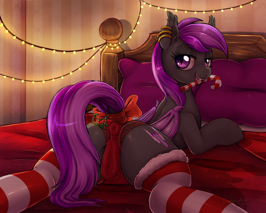 2017 ass bat_pony bed candy candy_cane candy_cane_in_mouth clothing cutie_mark ear_piercing equine evomanaphy fan_character female feral food hair hi_res inside legwear looking_at_viewer mammal my_little_pony on_bed panties piercing pillow solo stockings striped_legwear stripes underwear