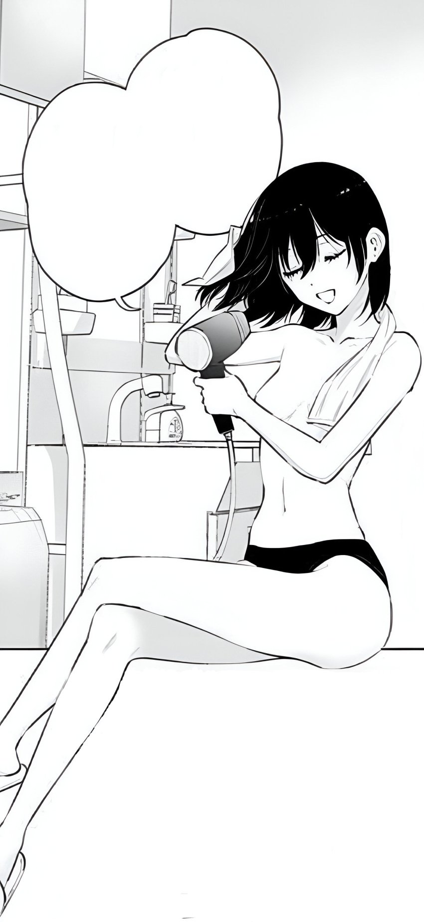 2.5_jigen_no_ririsa armpits bare_arms bare_belly bare_legs bare_shoulders bare_thighs bathroom belly_button black_and_white black_hair breasts closed_eyes collarbone convenient_censoring feet_out_of_frame hashimoto_yuu indoors lemon_(2.5_jigen_no_ririsa) long_legs manga medium_hair official_art open_mouth panties panties_only sitting small_breasts smile thighs topless towel towel_around_neck underwear