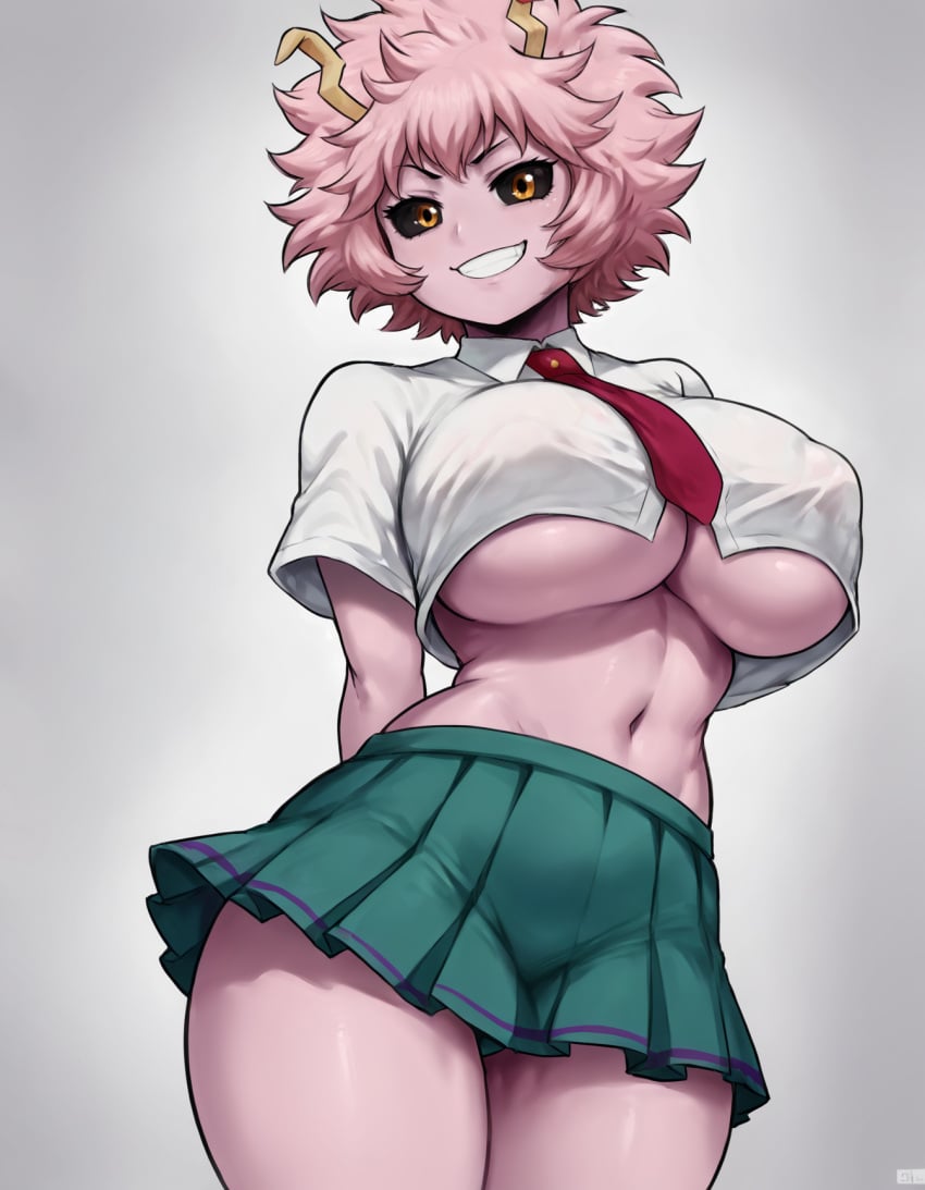 ai_generated arms_behind_back black_sclera breasts covered_nipples cropped_shirt female goonedoutp3rv horns huge_breasts jlullaby_(style) looking_at_viewer mina_ashido my_hero_academia navel necktie no_bra no_bra_under_clothes pink_hair pink_skin school_uniform shirt short_hair simple_background skirt solo thick_thighs thighs underboob white_shirt yellow_eyes