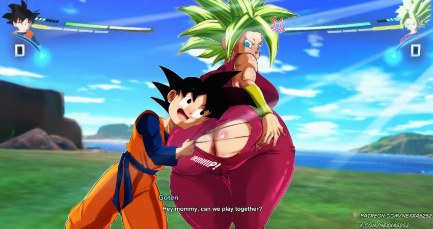 1boy 1girls abs alternate_ass_size alternate_breast_size anus ass big_ass big_breasts bracers breasts dialogue dragon_ball dragon_ball_sparking!_zero dragon_ball_super dragon_ball_z female_saiyan from_behind green_hair huge_ass huge_breasts kefla kefla_(dragon_ball) large_ass large_breasts leggings muscular muscular_female nexxa ripped_clothing ripped_pants ripping_clothing son_goten straight tank_top thick_thighs toned yoga_pants