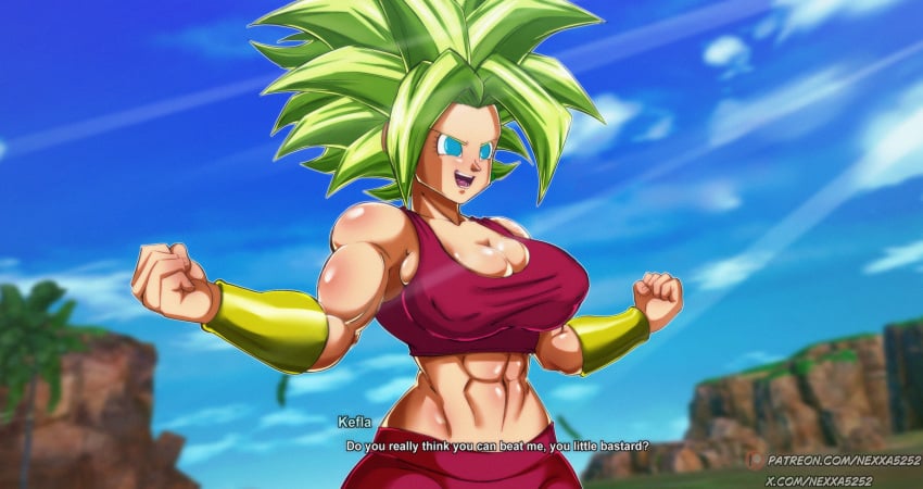 1girls abs big_breasts blue_eyes bracers dialogue dragon_ball dragon_ball_sparking!_zero dragon_ball_super dragon_ball_z green_hair huge_breasts kefla kefla_(dragon_ball) leggings muscular muscular_female nexxa solo tank_top thick_thighs toned video_games yoga_pants