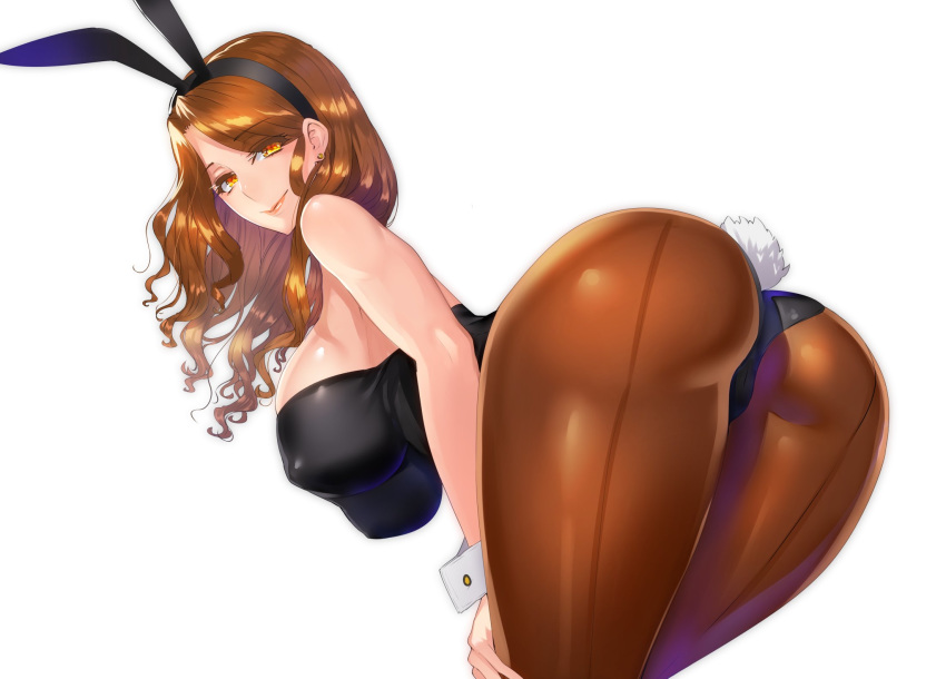 alone animal_ears ass bare_shoulders bent_over breasts brown_hair bunny_ears bunny_tail bunnysuit damegane earrings eyelashes fake_animal_ears female hands_on_thighs hanging_breasts highres hips jewelry large_ass large_breasts leaning_forward leotard lipstick long_hair looking_at_viewer looking_back orange_eyes original pantyhose playboy_costume simple_background smile solo tail thick_thighs thighs wavy_hair white_background wide_hips wrist_cuffs