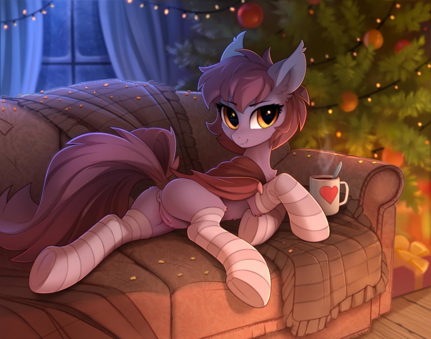 2017 amber_eyes anatomically_correct anatomically_correct_anus anatomically_correct_pussy animal_genitalia animal_pussy anus ass bat_pony bat_wings brown_hair brown_tail christmas christmas_lights christmas_tree clothing cup curtains detailed_background digital_media_(artwork) equine equine_pussy eyelashes female feral full-length_portrait fur grey_fur hair heart hi_res holidays hooves horse inside legwear looking_at_viewer lying mammal membranous_wings my_little_pony on_front pony portrait presenting presenting_hindquarters puffy_anus pussy quadruped smile sofa solo stockings striped_clothing striped_legwear striped_stockings stripes tomatocoup tree ventress window wings yakovlev-vad