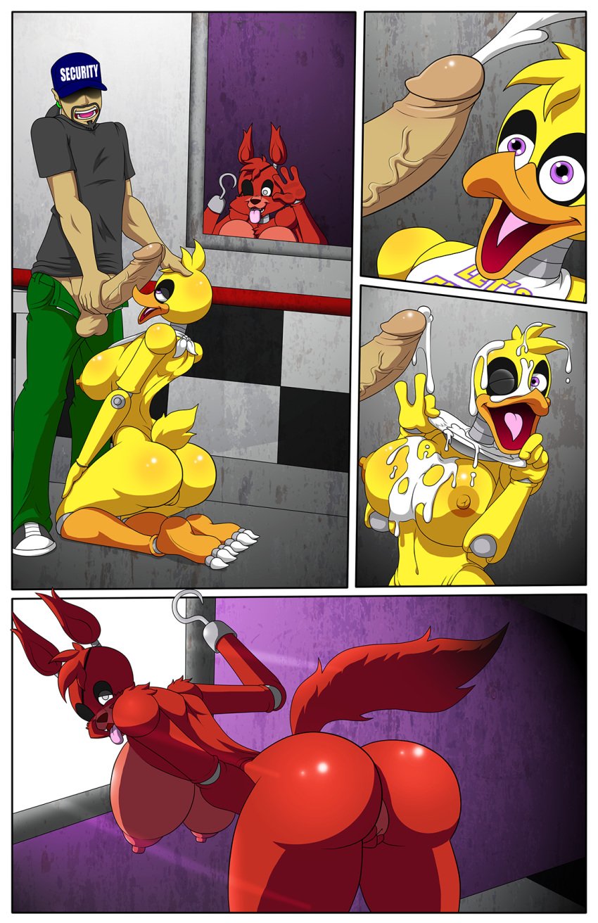 2015 4_fingers animatronic anthro areola avian balls being_watched big_breasts big_penis bird breasts canine chica_(fnaf) chicken comic cum cum_on_breasts cum_on_face cumshot ejaculation erect_nipples erection eye_patch eyewear female five_nights_at_freddy's fox foxy_(fnaf) half-closed_eyes hi_res hook human humanoid_penis kneeling looking_at_viewer looking_back machine male male_human/female_anthro male_human/female_robot mammal masturbation mike_schmidt navel nipples office one_eye_closed orgasm penetration penile_masturbation penis pussy robot rule_63 security_guard sex thegeckodemon thegeckoninja tongue tongue_out vaginal_masturbation vaginal_penetration vein veiny_penis video_games voyeur