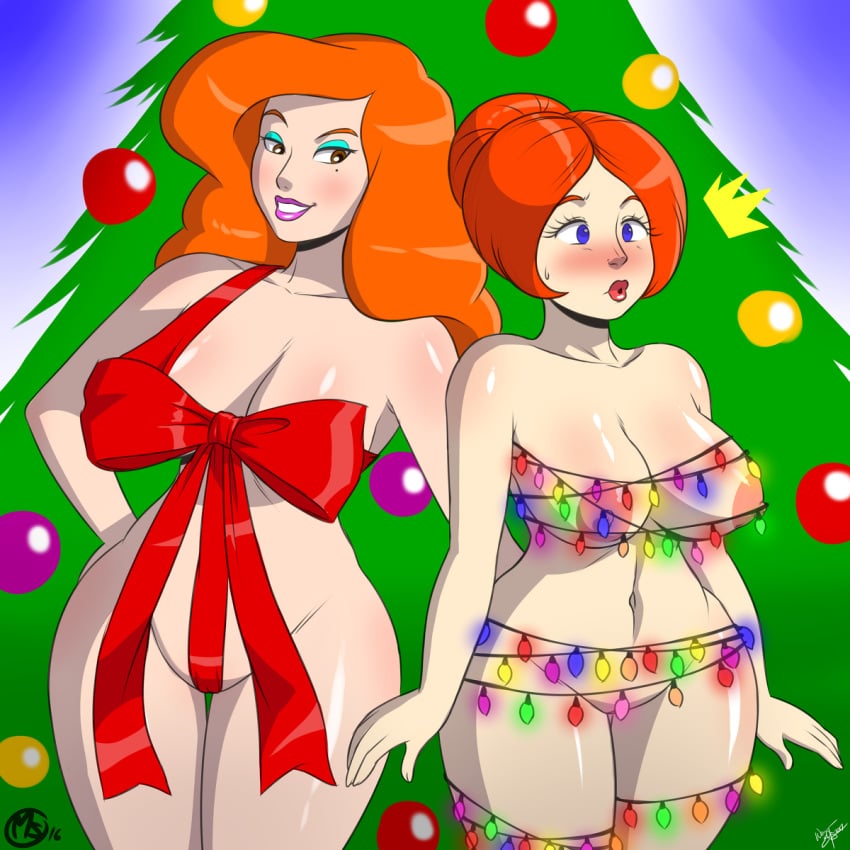 2girls aeolus06 areola bimbo blush breasts busty christmas christmas_lights cleavage cousin_mel crossover eyeshadow female female_only functionally_nude grandma_got_run_over_by_a_reindeer jessica_claus lipstick makeup megasweet mrs._claus multiple_girls nipples rankin-bass ribbon santa_claus_is_comin'_to_town voluptuous yuri