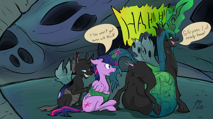 2017 absurd_res alicorn anal_vore anus changeling cutie_mark dialogue drone_(mlp) english_text equine female feral friendship_is_magic grin group hair hi_res hole_(anatomy) horn magnificent-arsehole mammal my_little_pony open_mouth pussy queen_chrysalis_(mlp) restrained smile text twilight_sparkle_(mlp) vore wings