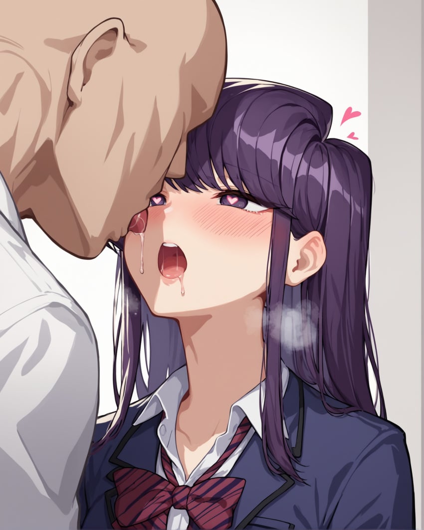 1boy 1girls after_kiss ai_generated bald faceless_male facing_away female heart heart-shaped_pupils heavy_breathing komi-san_wa_komyushou_desu komi_shouko long_hair looking_at_another netorare notreallyhere older_man_and_teenage_girl open_mouth over-the-shoulder_shot purple_eyes purple_hair saliva school_uniform swept_bangs tongue