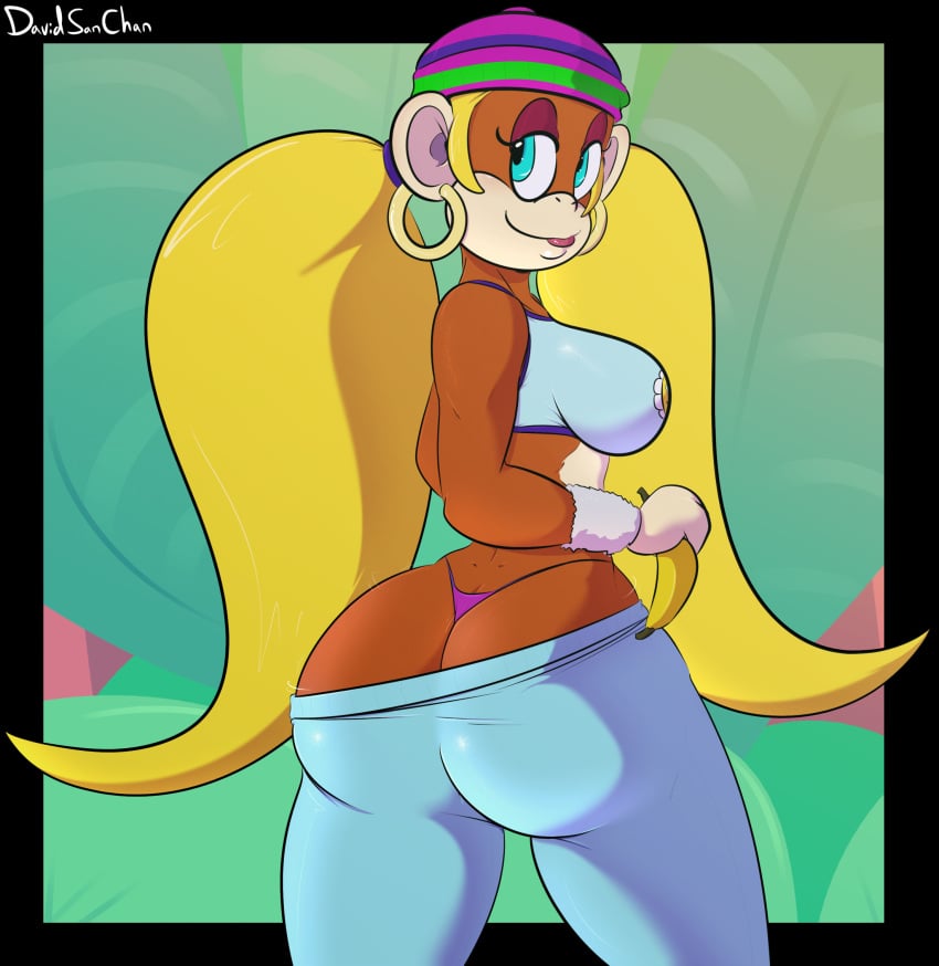 1girls anthro ass big_ass big_breasts blonde_hair breasts bubble_butt clothing crop_top dat_ass davidsanchan donkey_kong_(series) ear_piercing earrings fat_ass female female_only hat huge_ass large_ass looking_at_viewer looking_back panties pants piercing png primate solo thick_ass thick_thighs thong tiny_kong wide_hips