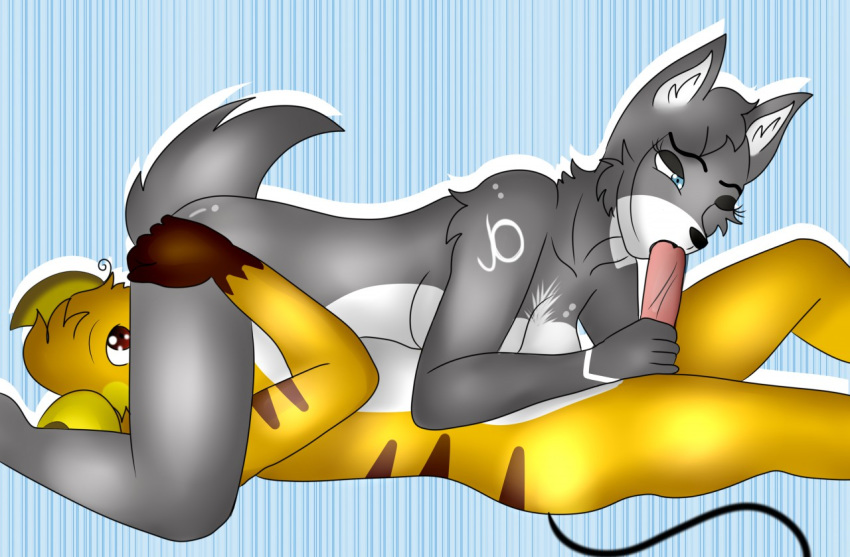 69_position alpha anthro anthrofied canine katyrawrz mammal nintendo oral pokémon_(species) pokemon pokemon_(species) pokemorph raichu sex video_games wolf zarro