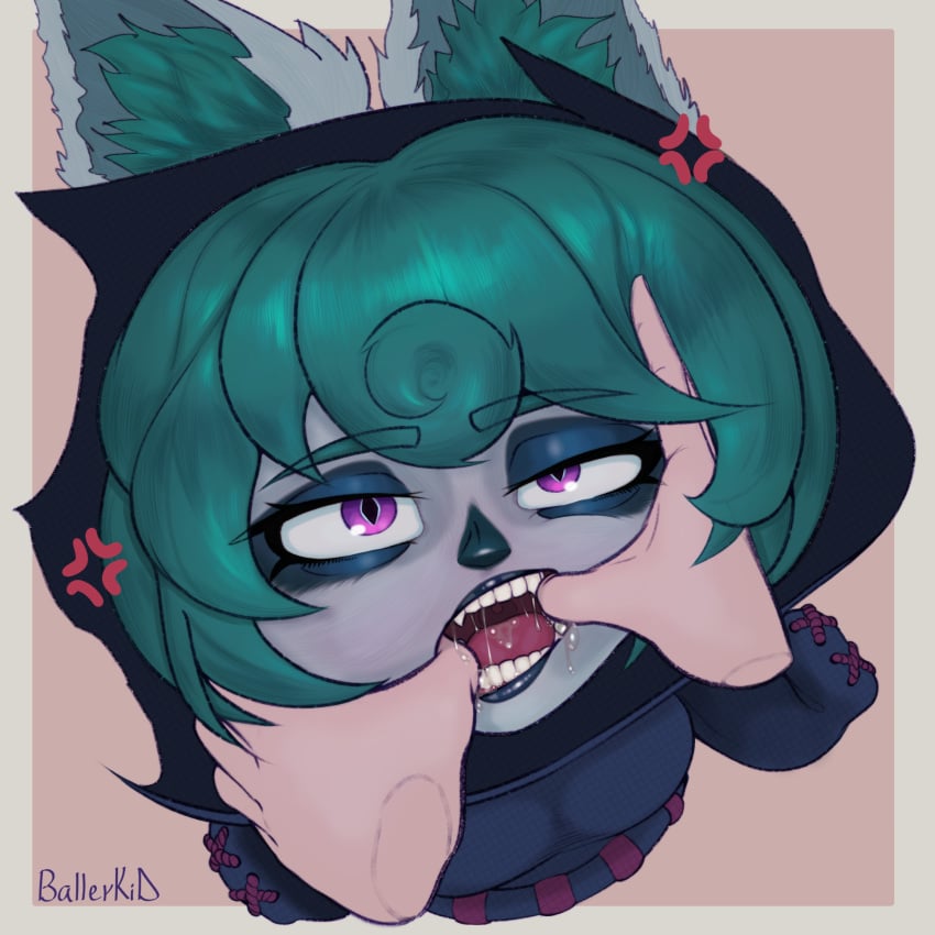 1boy 1female 1girls 2024 2d 2d_(artwork) animal_ear_fluff animal_ears annoyed ballerkid black_nose clothed clothing colored_skin drool drooling eyelashes eyeshadow female female_focus finger_in_mouth fur furry furry_ears furry_female green_hair grey_body league_of_legends league_of_legends:_wild_rift light_skin long_sleeves looking_at_viewer looking_up male open_mouth pov pov_eye_contact purple_eyes riot_games saliva saliva_drip saliva_string short_hair shortstack smaller_female sweater teal_hair unseen_character unseen_male_face vex_(league_of_legends) yordle