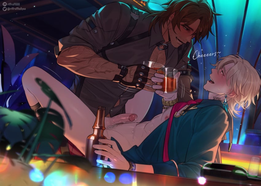 2boys aventurine_(honkai:_star_rail) blonde_hair blush blush_lines body_hair brown_hair champagne drink_on_breasts drinking drinking_glass drool drooling earring earrings facial_hair gallagher_(honkai:_star_rail) gay gloves grabbing_from_behind holding_drink holding_object holding_partner honkai:_star_rail male male/male male_focus male_only nipples open_mouth purple_eyes red_eyes riffraff riffraffhellyea scar scars stubble sweat sweatdrop sweating sweaty sweaty_body tan_body tan_skin tongue tongue_out vein veins veiny veiny_arms veiny_hands veiny_muscles veiny_penis yaoi