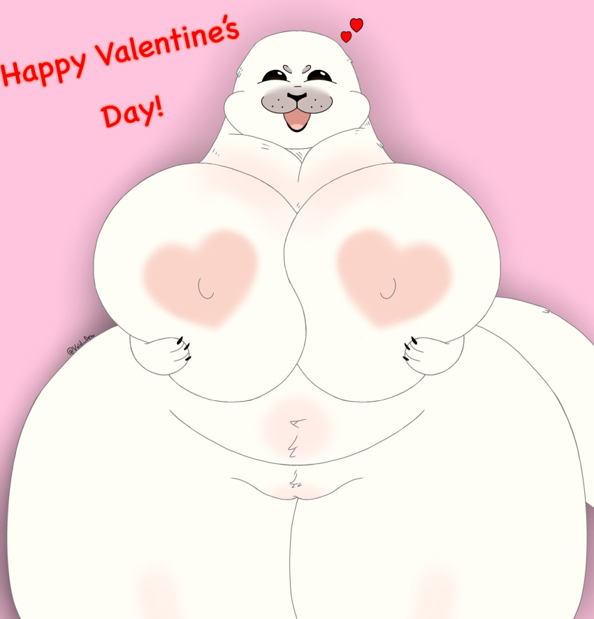 anthro big_breasts breasts fat_neck female fur genitals happy heart_nipples heart_symbol hearts_around_head hi_res holding_breast holidays mammal marine navel nipples overweight overweight_anthro overweight_female pink_background pinniped pussy seal signature simple_background slightly_chubby slightly_chubby_female solo thick_thighs valentine's_day void_dew white_body white_fur