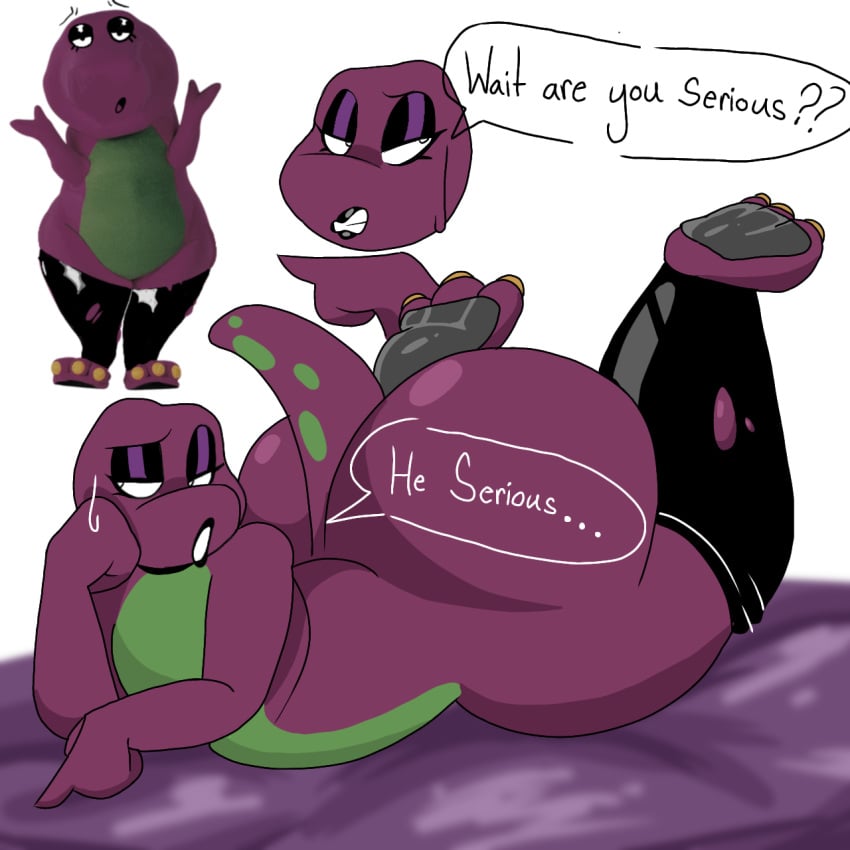 barney_and_friends barney_the_dinosaur big_ass big_butt black_lipstick confused_expression dark_skin eyeshadow fat_ass feet_in_air femboy goth green_spots hand_on_face japansadface knees_bent laying_on_back leggings neck_collar pink_skin pointing shiny_skin sweatdrop tail talking_to_viewer text thick_ass thick_thighs toony uncertain