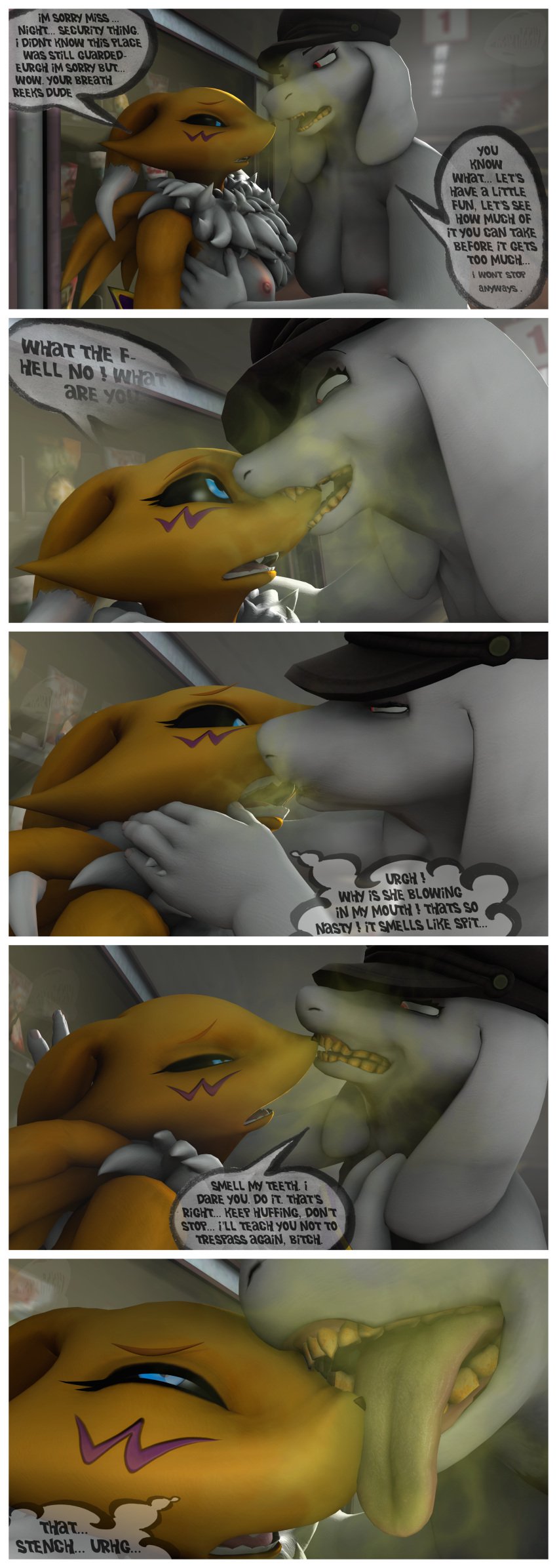 3d bad_breath dirty_teeth dirty_tongue disgusted female female/female humiliation marthaah questionable_consent renamon sfm toriel