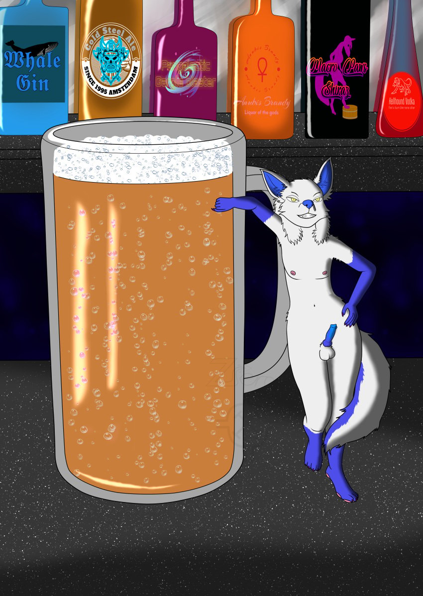 absurd_res alcohol animal_genitalia animal_penis anthro beer_mug beverage blue_penis canid canine canine_genitalia canine_penis femboy fox genitals hi_res male mammal micro nipples nude pawpads penis solo zerosonicdrive