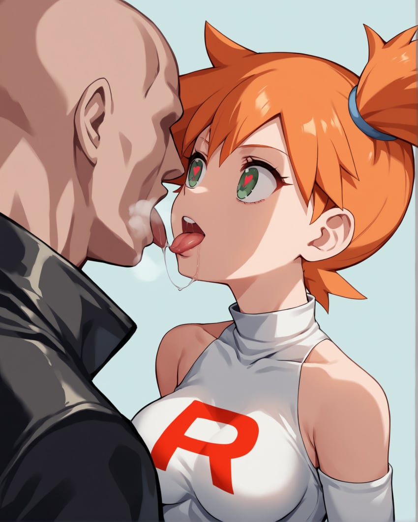 1boy 1girls after_kiss ai_generated bald bare_shoulders brainwashing breasts clothes_writing elbow_gloves enemy_conversion faceless_male female green_eyes heart-shaped_pupils kasumi_(pokemon) leotard mind_control netorare notreallyhere orange_hair over-the-shoulder_shot perky_breasts pokemon pokemon_trainer saliva saliva_trail side_ponytail simple_background team_rocket_uniform tongue upper_body