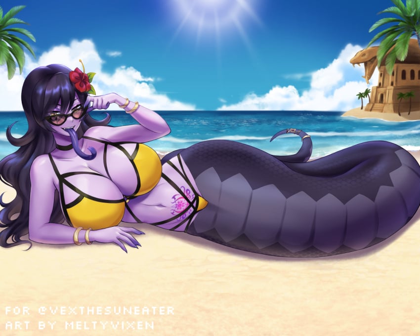 1girls beach flower_in_hair huge_breasts indie_virtual_youtuber lamia long_tongue meltyvixen snake_girl sunglasses swimsuit tagme tattoo tongue_out twitch vexoria_the_sun_eater virtual_youtuber vtuber