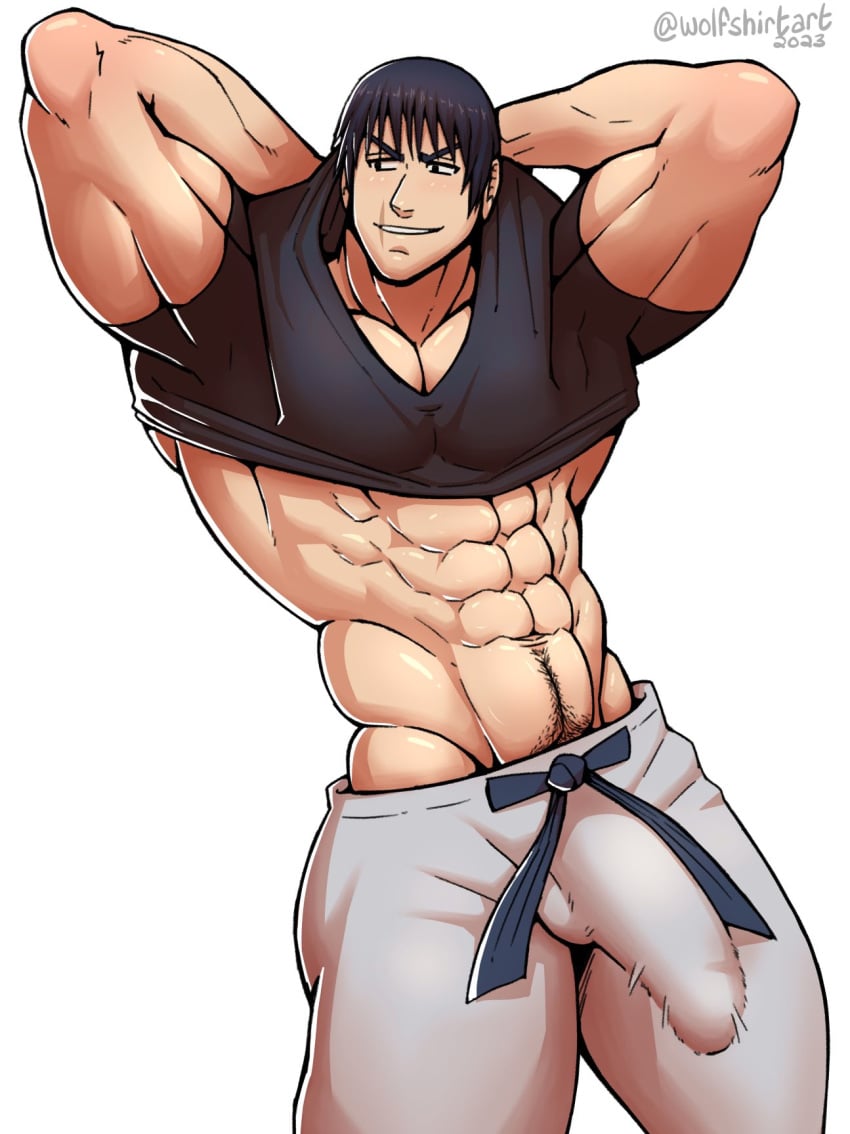 abs bara beefy biceps big_bulge black_hair boner bulge clothing cocky daddy erection erection_under_clothes huge_bulge jujutsu_kaisen male male_only manly mature_male muscular_male pecs penis_outline penis_under_clothes solo solo_male tight_clothing toji_fushiguro wolfshirtart