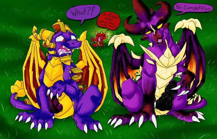 claws comparing dialogue dragon english_text erection fangs feral flame_the_dragon grass horn humor male male_only malefor penis scalie shalonesk spyro spyro_the_dragon teeth text video_games watermark western_dragon wings