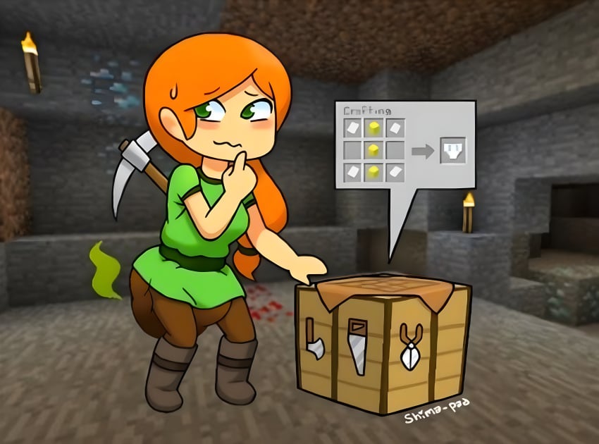 1girls alex_(minecraft) cave diaper diaper_under_clothing embarrassed fully_clothed green_eyes light_skin minecraft orange_hair pickaxe_(minecraft) scat shit