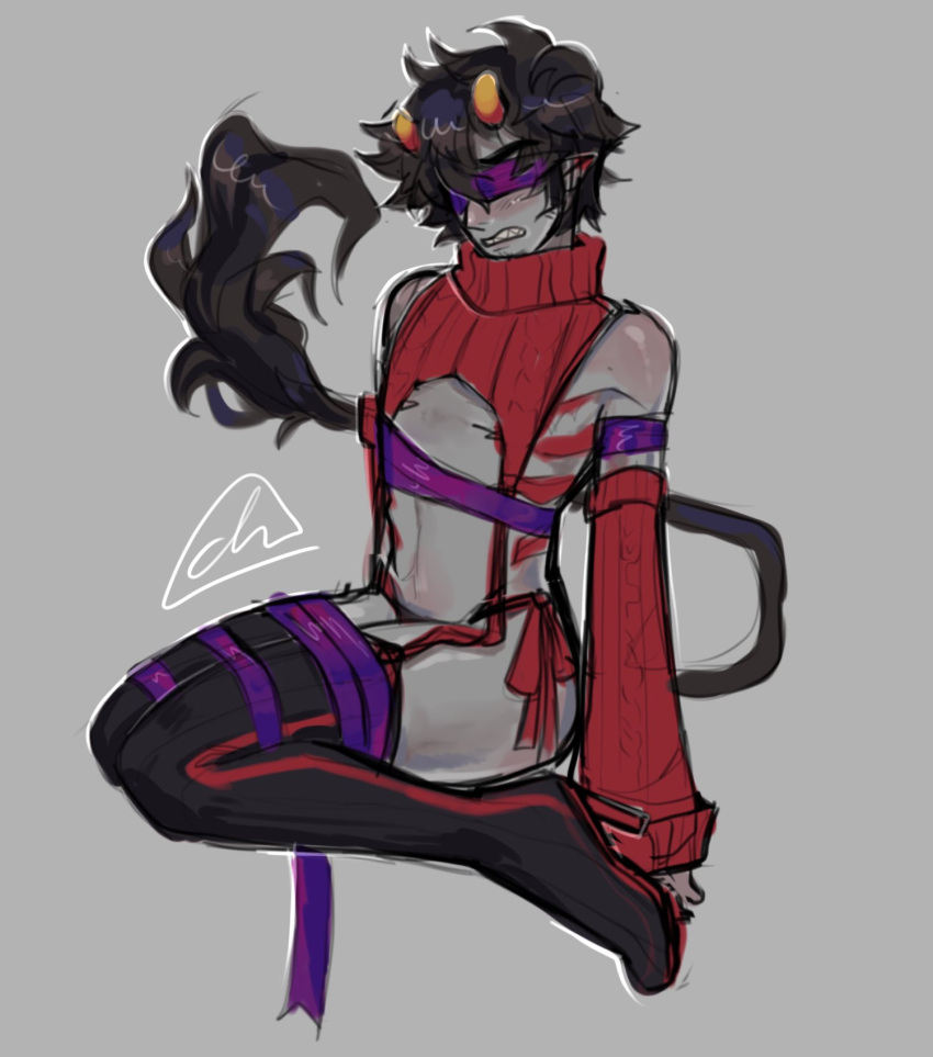 1boy alien annoyed black_hair black_hair_male blindfold colored_skin fluffnstuff grey_skin high_heels homestuck homestuck_troll horn horns kankri_vantas male male_only short_hair short_hair_male solo_male sweater tail thigh_boots troll virgin_killer_outfit virgin_killer_sweater