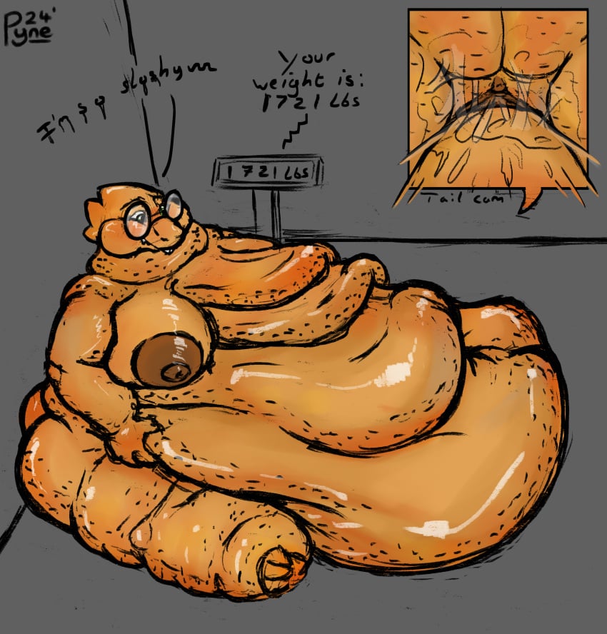 absurd_res alphys anthro belly big_belly big_breasts blush bodily_fluids breasts brown_nipples brown_pussy cellulite double_chin english_text eyewear female flabby_arms flabby_butt flabby_legs fupa genital_fluids genitals glasses glistening glistening_body hi_res huge_belly hyper hyper_belly morbidly_obese morbidly_obese_female navel nipples obese obese_female onomatopoeia overweight overweight_female pussy pyne_(artist) scalie sex sloshing_belly solo sound_effects tail tail_fetish tail_play tail_sex text undertale_(series) vaginal_fluids weight_gain